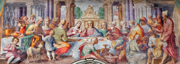 parma -  the fresco of the wedding at cana in church chiesa di santa croce by giovanni maria conti della camera (1614 - 1670). - trnava imagens e fotografias de stock