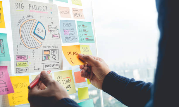 벽 유리 사무실에 전략을 작성 하는 papernote와 아이디어 개념을 공유. 비즈니스 마케팅 - 계획 뉴스 사진 이미지