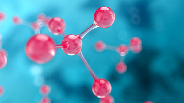 struttura atomica o molecolare rosa astratta su sfondo blu - atom molecule molecular structure chemistry foto e immagini stock