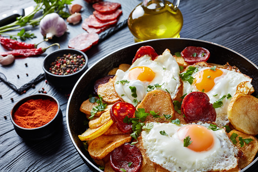 delicious fried sunny side up eggs with potatoes, thinly sliced pork sausages in a skillet on a black wooden table with ingredients at the background, horizontal view from above, close-up