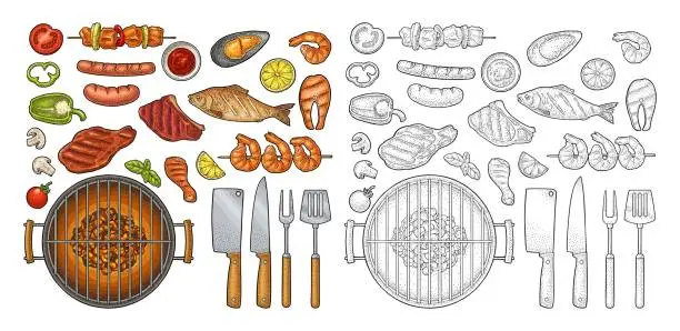 Vector illustration of Barbecue grill top view charcoal, kebab, mushroom, tomato, fish, steak