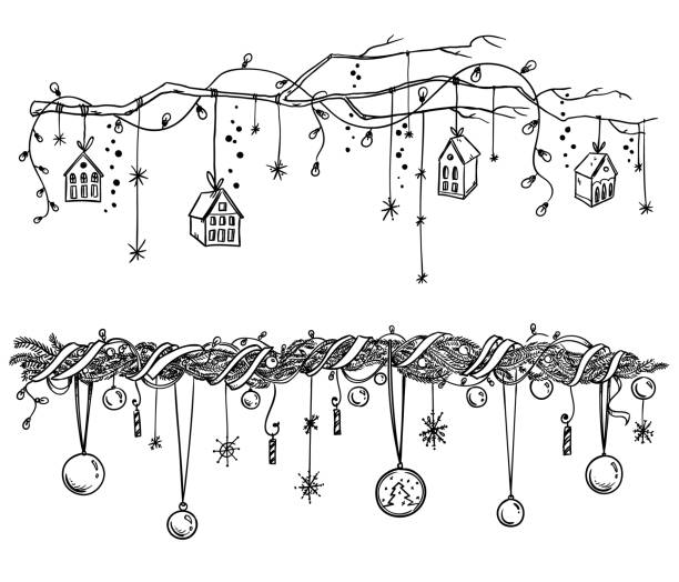 Set of christmas and New Year decorations. Garlands and lights vector sketch. Set of christmas and New Year decorations. Garlands and lights vector sketch. black and white drawings stock illustrations