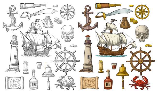 ilustrações de stock, clip art, desenhos animados e ícones de set pirate adventure. vector color vintage engraving - ship in a bottle bottle sailing ship nautical vessel