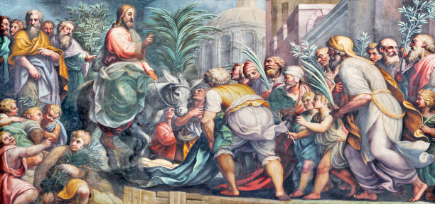 parma - : the fresco of entry of jesus in jerusalem (palm sundy) in duomo by lattanzio gambara (1567 - 1573). - famous place architecture indoors decoration imagens e fotografias de stock