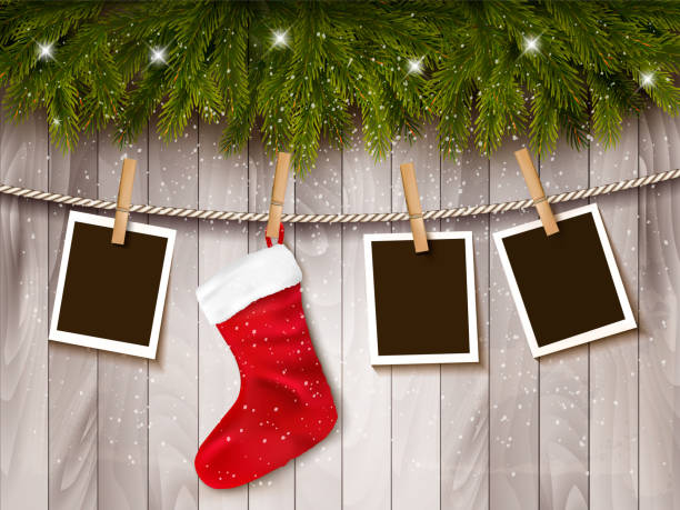 ilustrações de stock, clip art, desenhos animados e ícones de holiday background with photos and a red christmas socket. vector. - natal fotos