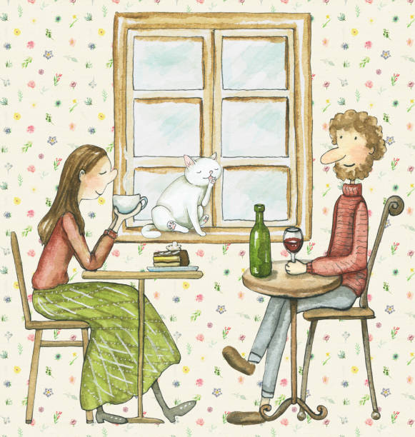 ilustrações de stock, clip art, desenhos animados e ícones de watercolor people eat and drink in cat cafe - illustration and painting watercolor painting people couple