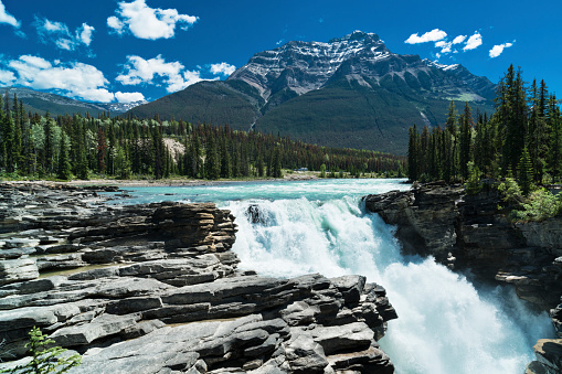 Athabasca Falls on the Athabasca River in the beautiful wilderness landscape of the Canadian Rockies in Jasper National Park, Alberta, Canada.