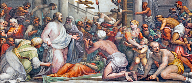 Parma -  The fresco Jesus at the healing  in Duomo by Lattanzio Gambara (1567 - 1573).