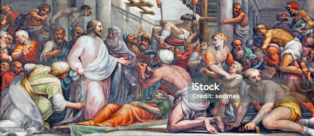 Parma - The fresco Jesus at the healing  in Duomo by Lattanzio Gambara (1567 - 1573). Parma -  The fresco Jesus at the healing  in Duomo by Lattanzio Gambara (1567 - 1573). Jesus Christ Stock Photo