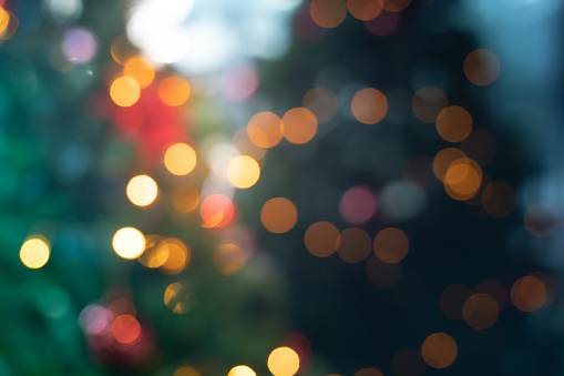 Dreamy Bokeh photo of Christmas Tree lights, Abstract Colorful Tree Background