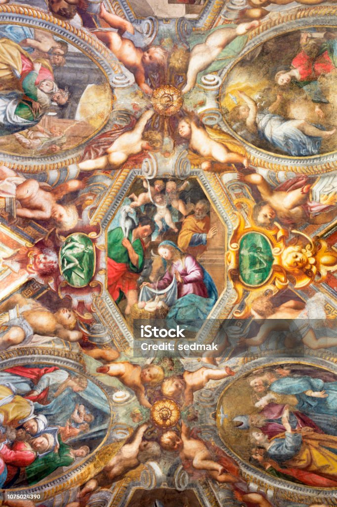 Парма - Фреска Рождества христова на потолке церкви Кьеза ди Санта-Мария-дель-Анжели Пьер Антонио Бернабей (1620). - Стоковые фото Религия роялти-фри