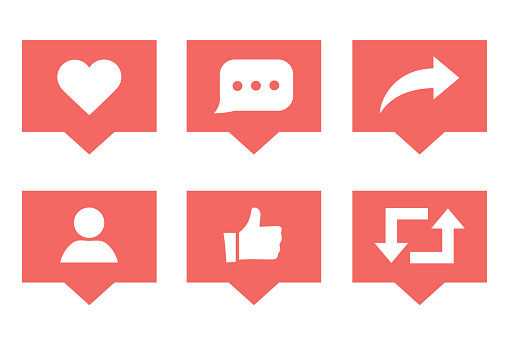 Social media set notifications icons like follower and comment with share icons. Vector illustration. Social media marketing illustrations. SMM business symbols for presentation or website interface.