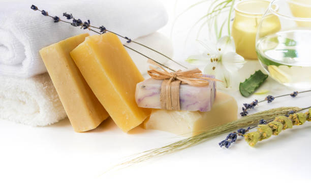 istock Handmade Soap with bath towels on white 1075037044