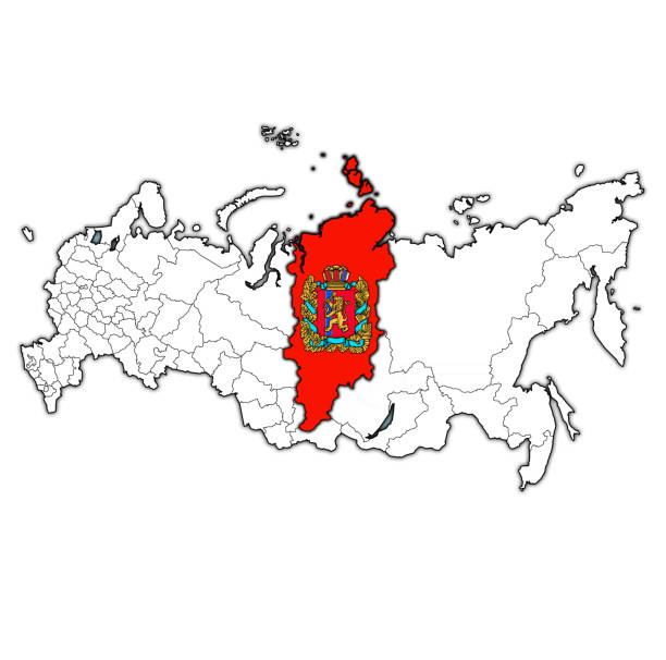 Krasnoyarsk region on map of administrative divisions of russia emblem of Krasnoyarsk krai on map with administrative divisions and borders of russia siberian flag stock illustrations