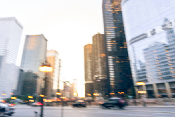istock Filtered image blurry background river walks in downtown Chicago with tall skylines 1075052618