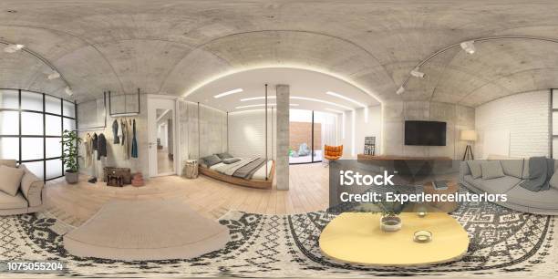 Modern Studio Apartment 360 Equirectangular Panoramic Interior Stock Photo - Download Image Now