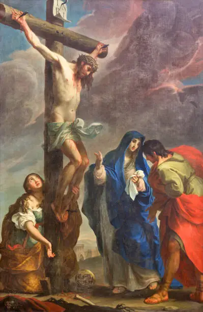 Parma - The painting of Crucifixion in church Chiesa di San Antonio Abate by Giuseppe Peroni (1710 - 1776).