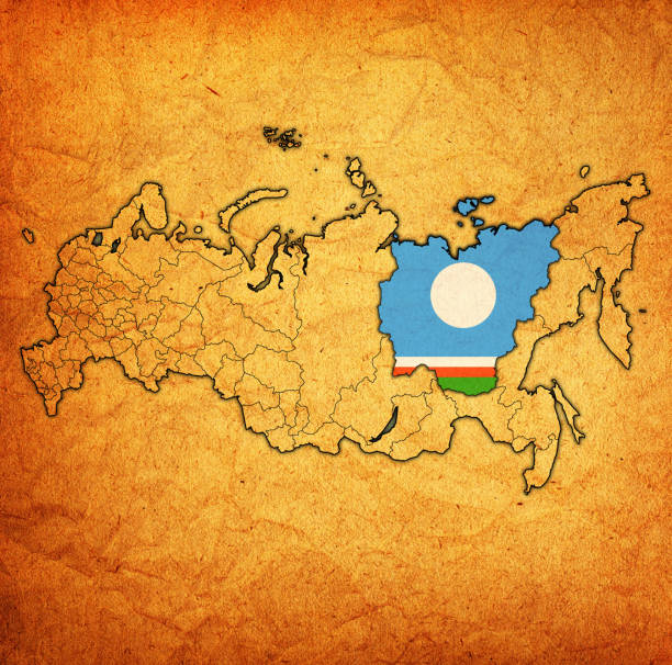 sakha republic on map of administrative divisions of russia emblem of sakha republic on map with administrative divisions and borders of russia siberian flag stock illustrations