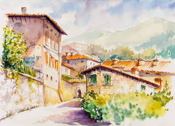 Vesio village above Garda Lake. Italy. Picturesque Vesio village above Lago di Garda, Lombardy region of Italy. Picture created with watercolors. watercolor painting landscapes stock illustrations