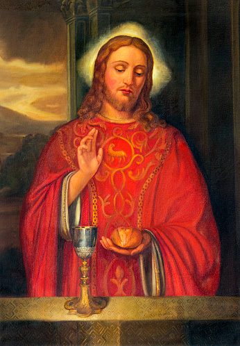 Parma - The painting of Jesus Christ as the priest in  church Chiesa di San Giovanni Evangelista by unknown artist.