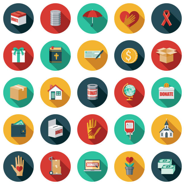 flat design charity & donation icon set - coin box stock illustrations