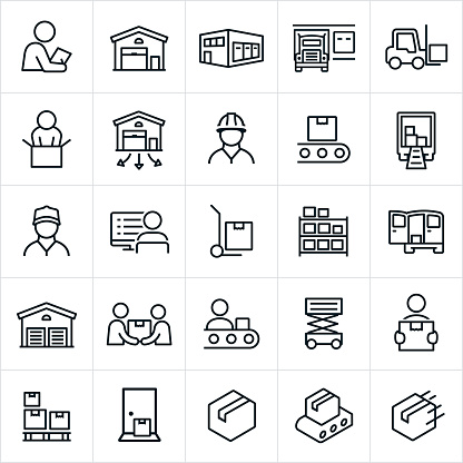 Icons related to, and representing warehouses and the distribution process. The icons include warehouses, employees, workers, trucks, shipping, forklift, packaging, packing, boxes and the loading process among others.