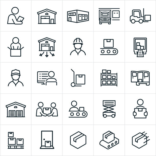 Distribution Warehouse Icons Icons related to, and representing warehouses and the distribution process. The icons include warehouses, employees, workers, trucks, shipping, forklift, packaging, packing, boxes and the loading process among others. warehouse stock illustrations