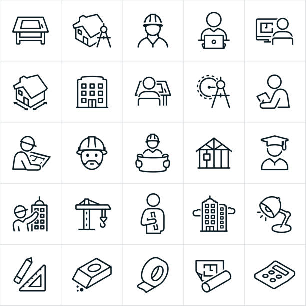 Architecture Icons A set of architecture icons. The icons include drawing board, home construction, architect, planning, designing, structure, building, architect working, drawing compass, blueprints, building construction, crane, tools and other related icons. blueprint industry work tool planning stock illustrations