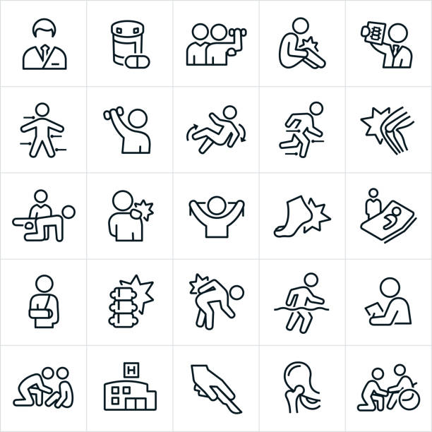 Orthopedics and Rehabilitation Icons An icon set of orthopedic themes. The icons include doctors, medication, rehabilitation, sports training, knee pain, back pain, shoulder pain, x-ray, sports, injury, recovery, broken arm, foot pain, surgery, hospital, joints and other related themes. physical therapy stock illustrations