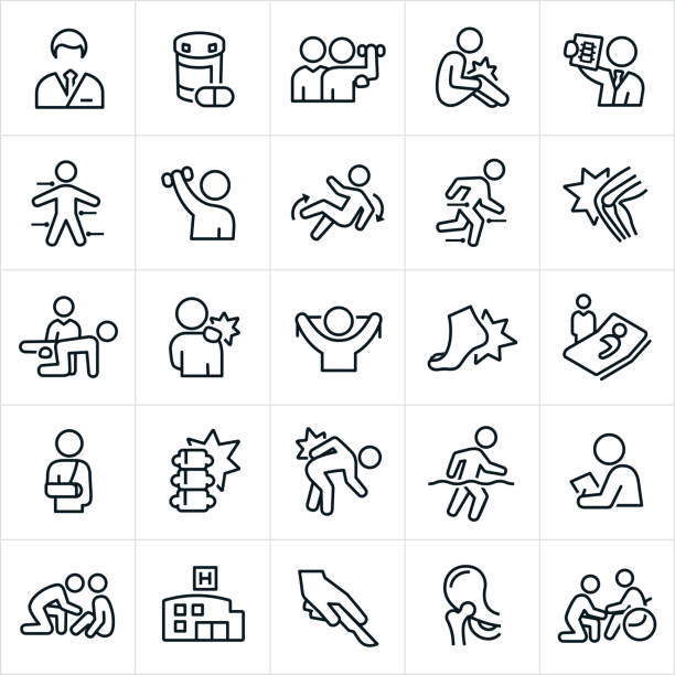 Orthopedics and Rehabilitation Icons An icon set of orthopedic themes. The icons include doctors, medication, rehabilitation, sports training, knee pain, back pain, shoulder pain, x-ray, sports, injury, recovery, broken arm, foot pain, surgery, hospital, joints and other related themes. spinal surgery recovery stock illustrations