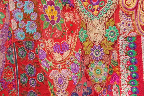 istock Patchwork of indium. India embroidery colored squares. Bright multicolored red Indian oriental background 1075090500