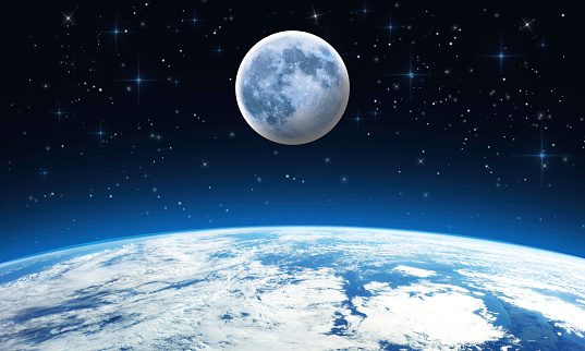 Blue Moon from the glowing Earth with stars - Outer space, space scene. Elements of this image furnished by NASA.