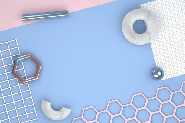 3d render chaotic concept with shiny and pastel color geometric shapes elements. Paper, tubes, torus on pastel background for social media banners and promotion. Blue and pink shiny colors trendy design.
