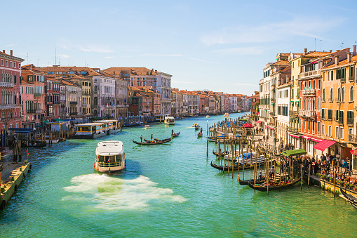 Beautiful view of traditional Gondolas on famous Canal Grande in Venice, Italy