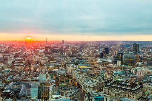 Beautiful gorgeous sunset / sunrise view of the city of London from the skyscraper