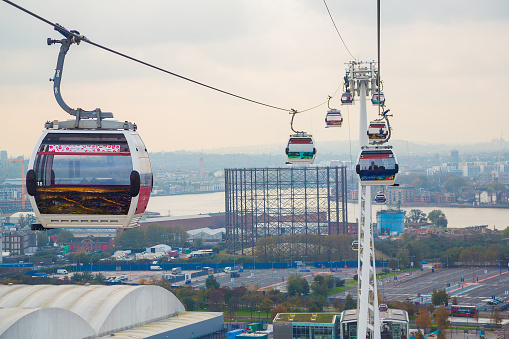 The Emirates Air Line cable car in London, located between Royal Victoria Dock and the North Greenwich Peninsula. Great view from the cabin.