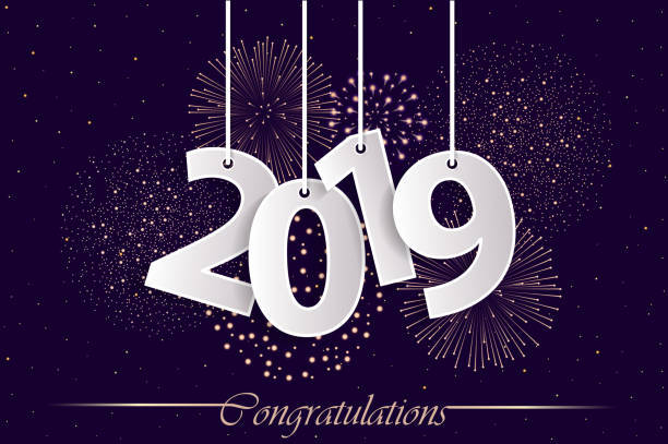 istock Violet 2019 greeting card concept with paper cuted white numbers on ropes and fireworks. Vector illustration 1075100494