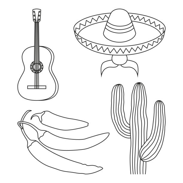 illustrazioni stock, clip art, cartoni animati e icone di tendenza di line art in bianco e nero 4 elementi messicani. - guitar celebration line art musical instrument