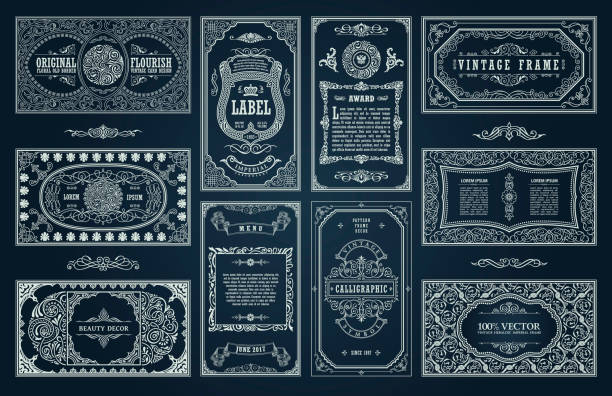zestaw vintage, czarne karty retro. szablon kartki z życzeniami zaproszenie ślubne. ramki kaligraficzne linii - victorian style stock illustrations