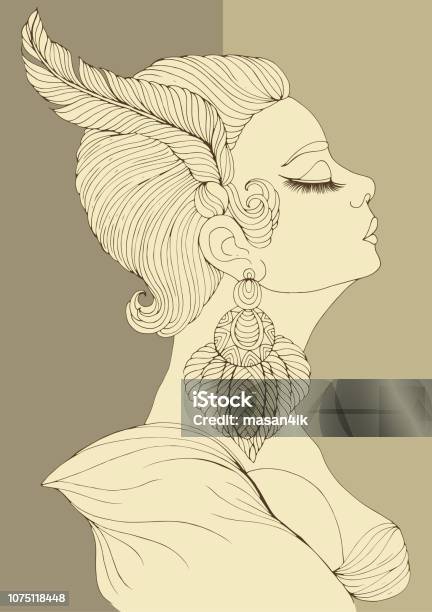 Vector Hand Drawn Portrait In Profile Of Elegant Lady In Art Deco Colored In Yellow Gray Shades Girl With A Feather In A Short Hairstyle And A Big Earring Decorated Page In Old Paper A4 Size Stock Illustration - Download Image Now