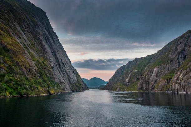 Exiting the Trollfjord in the Lofoten Islands, Norway stock photo