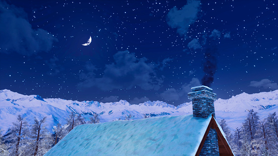 Snow covered roof and smoking chimney of rural house high in alpine mountains at peaceful winter night with half moon in the starry sky. 3D illustration from my own 3D rendering file.
