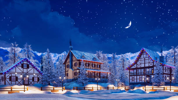 Snowbound alpine mountain town at winter night Snowbound european town among alpine mountains with half-timbered houses illuminated by christmas lights at winter night with crescent in starry sky. 3D illustration from my own 3D rendering file. Village stock pictures, royalty-free photos & images