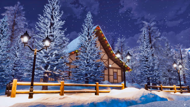 istock Cozy alpine mountain house at snowy winter night 1075123404
