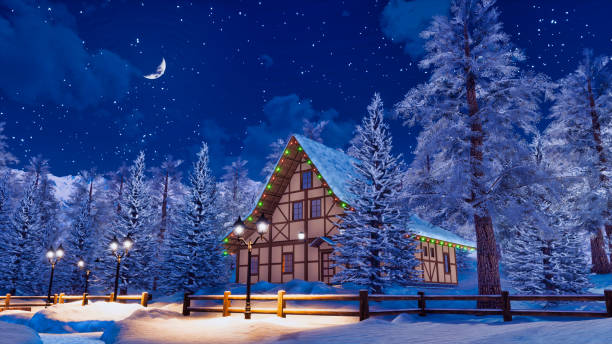 istock Snow covered alpine mountain house at winter night 1075123432