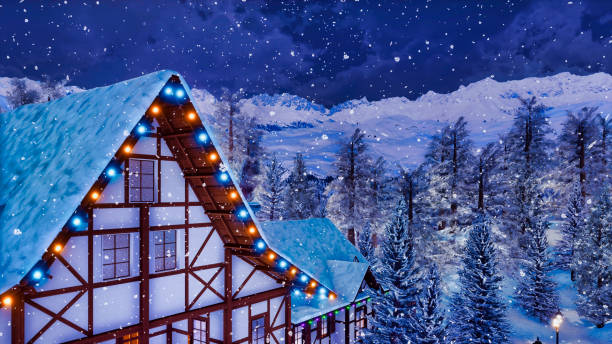 istock Half-timbered alpine house attic at winter night 1075123598
