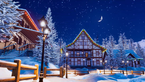 istock Illuminated alpine mountain town at winter night 1075123624