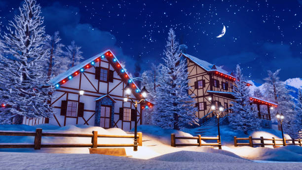 istock Snow covered alpine town at starry winter night 1075123772
