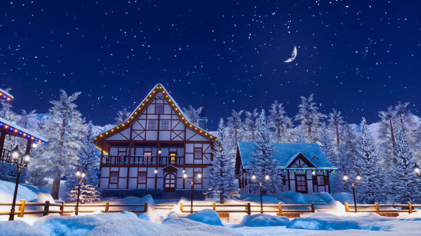 istock Snowbound alpine mountain village at winter night 1075123826