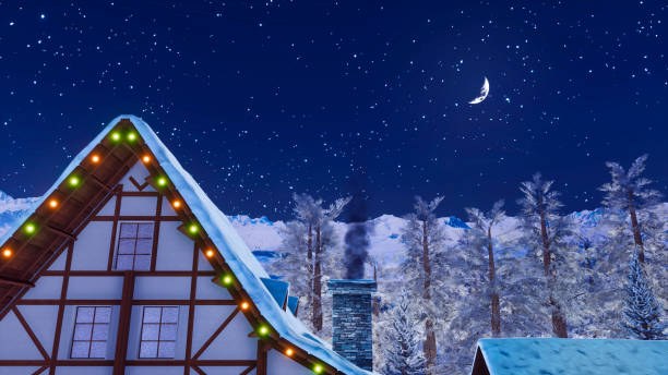 istock House rooftop with smoking chimney at winter night 1075123844